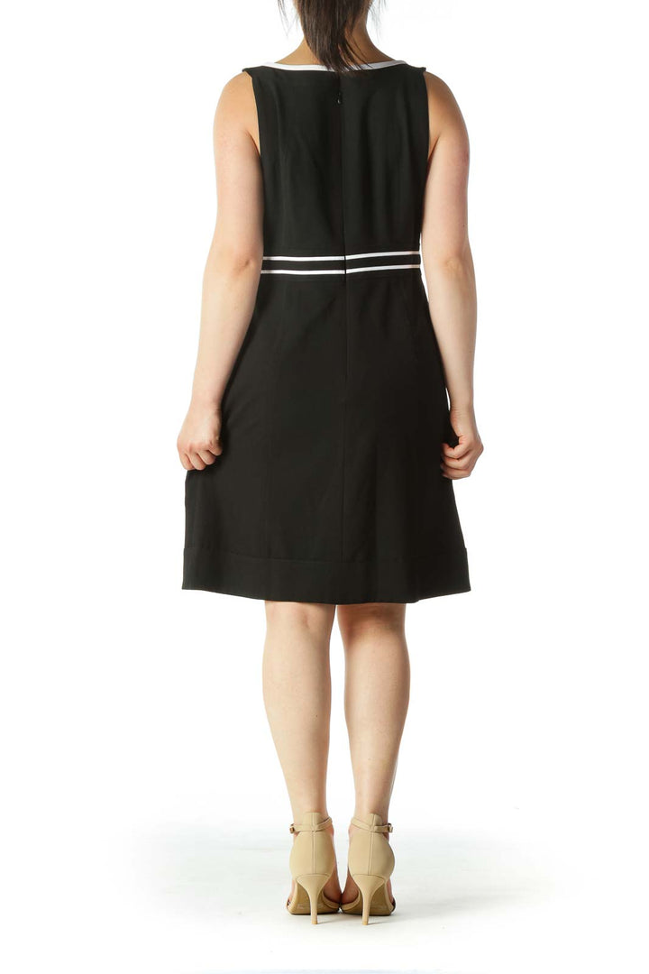 Black White Built-In Belt Work Dress