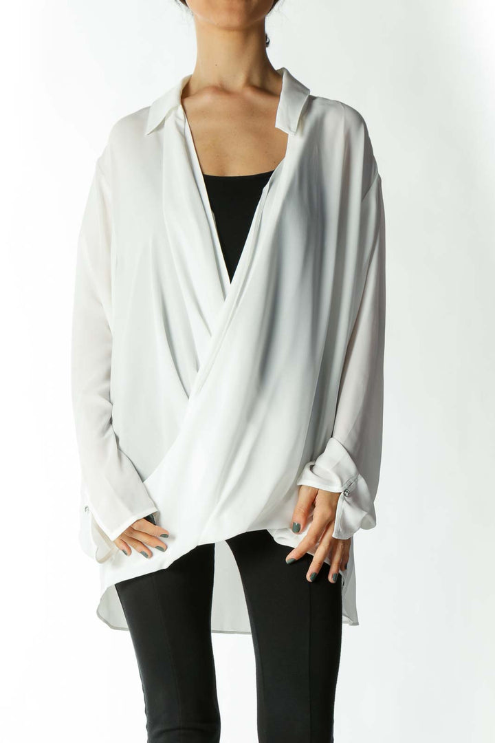 White Over-Sized Draped V-neck Blouse