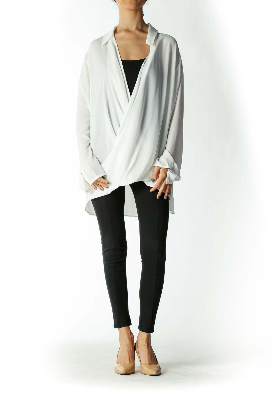 White Over-Sized Draped V-neck Blouse