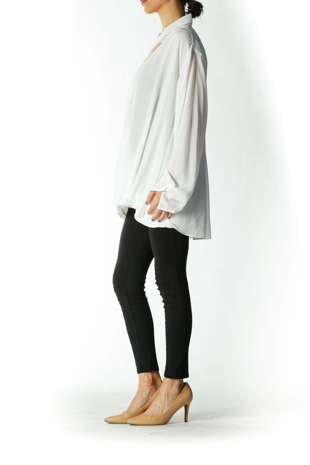 White Over-Sized Draped V-neck Blouse