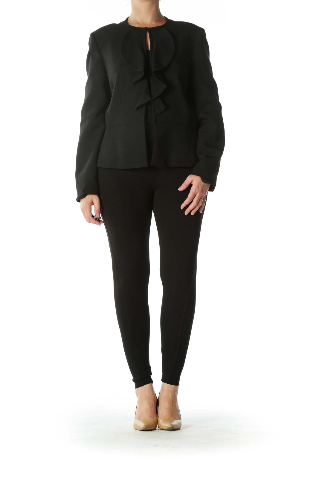 Black Hooks-Closure Ruffled Blazer