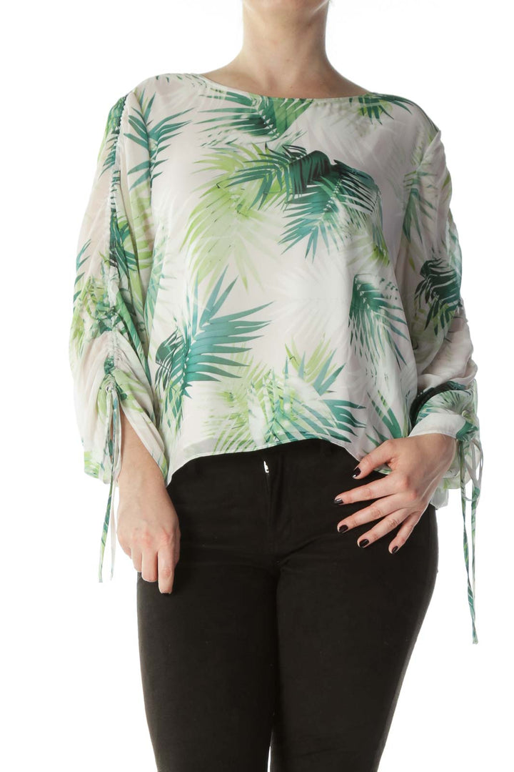 Green and White Tropical Print Blouse with Sleeve Drawstring Detail