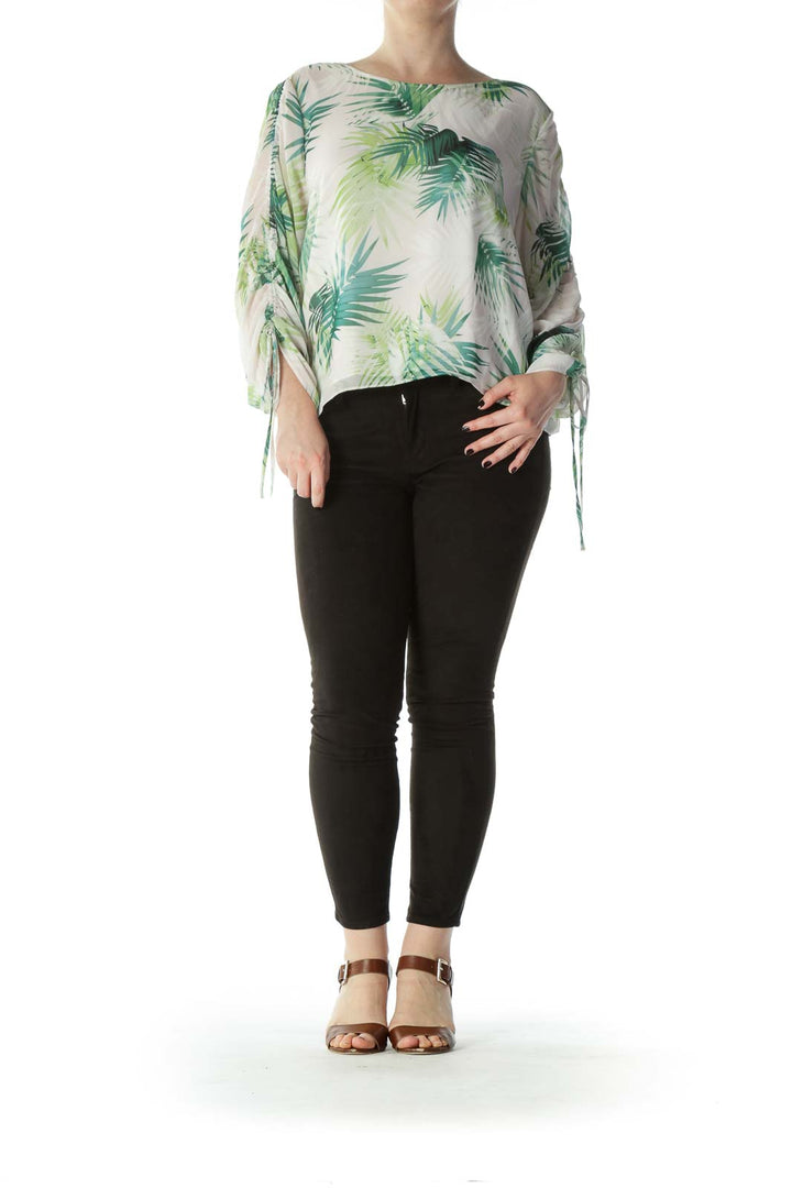 Green and White Tropical Print Blouse with Sleeve Drawstring Detail