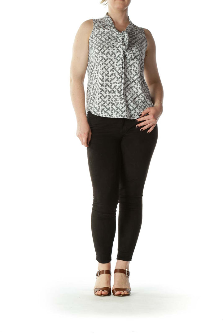 White and Black Chain Patterned Sleeveless Blouse with Neck-Tie