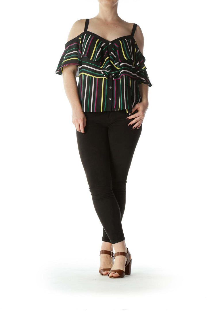 Black Multicolor-Striped Off-The-Shoulder Blouse with Spaghetti Straps