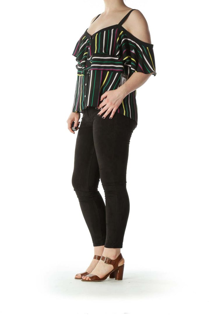 Black Multicolor-Striped Off-The-Shoulder Blouse with Spaghetti Straps