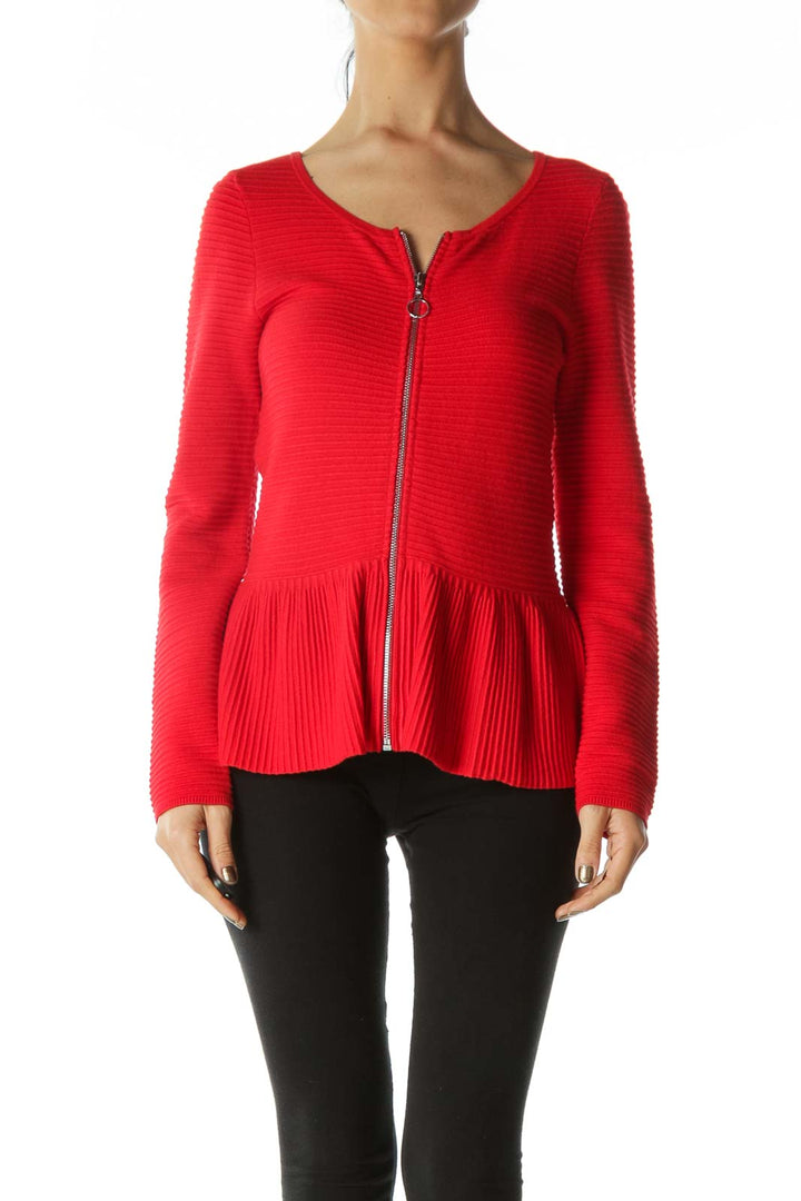 Red Zippered Round-Neck Peplum Knit Jacket