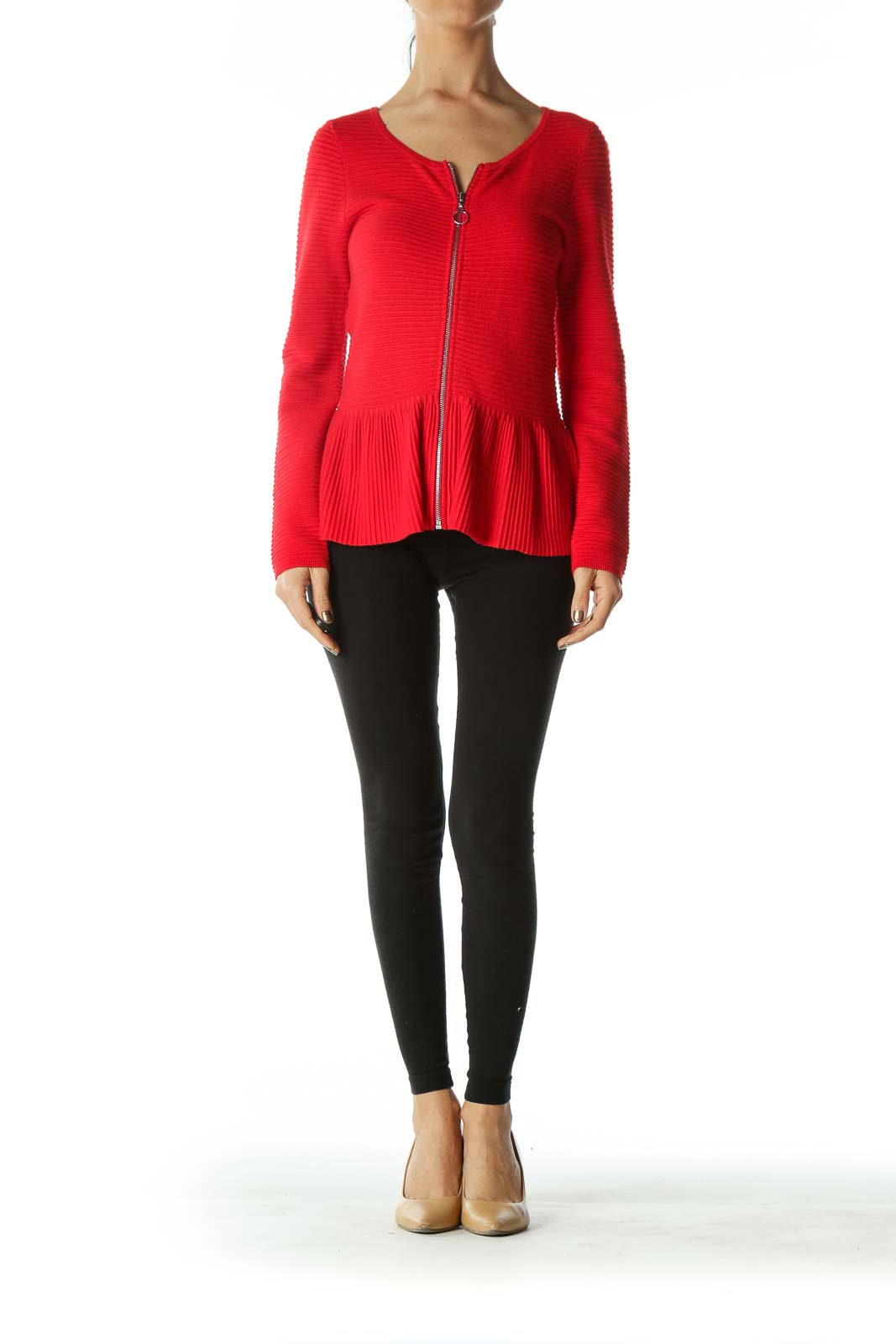 Red Zippered Round-Neck Peplum Knit Jacket