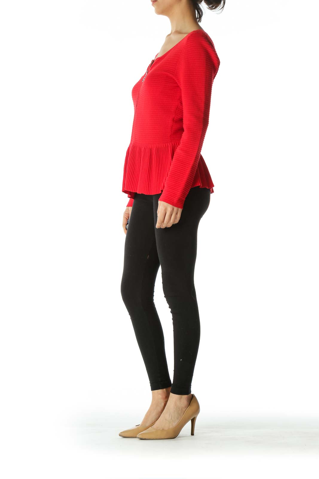 Red Zippered Round-Neck Peplum Knit Jacket