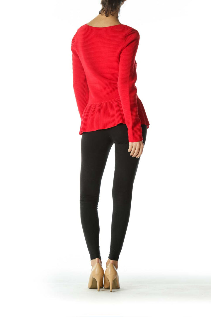 Red Zippered Round-Neck Peplum Knit Jacket