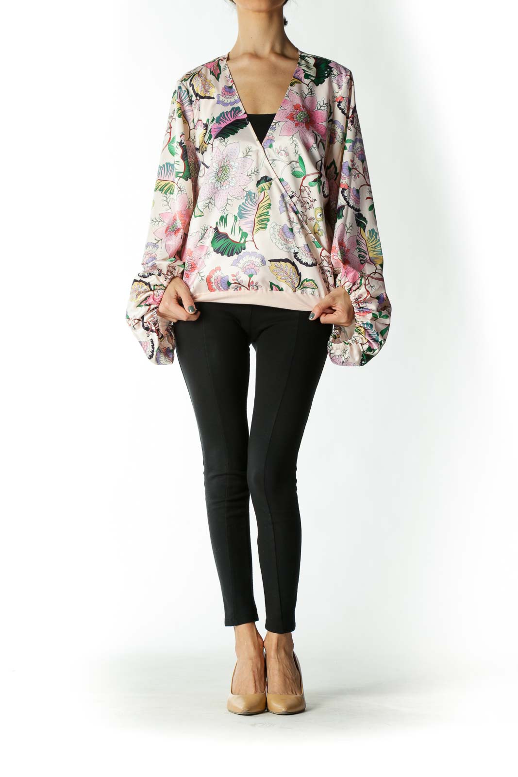 Pink Floral Peasant-Sleeve Body Suit Blouse