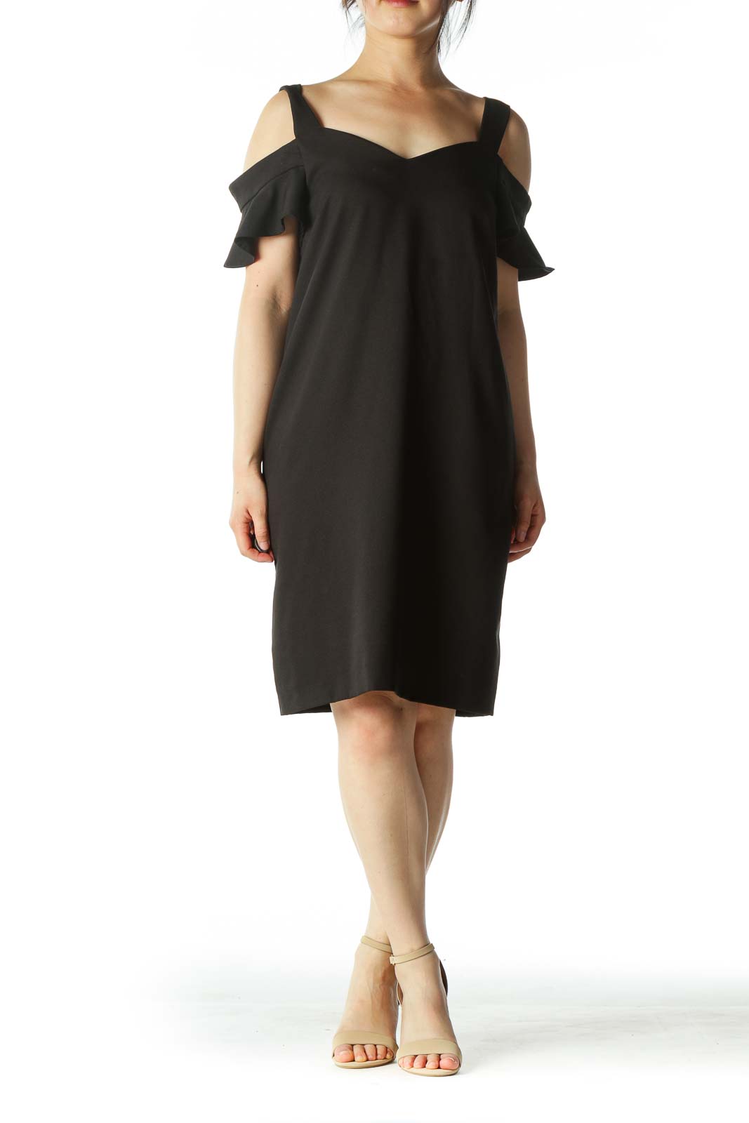 Black Square-Neck Cold-Shoulder Flared-Sleeves Dress