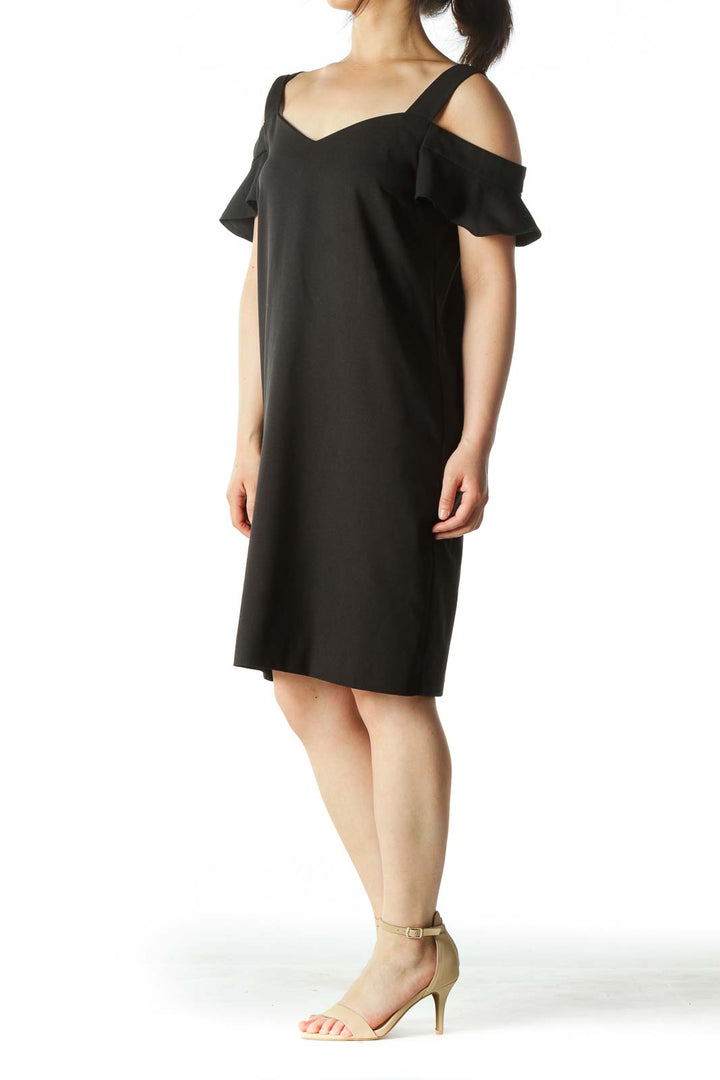 Black Square-Neck Cold-Shoulder Flared-Sleeves Dress