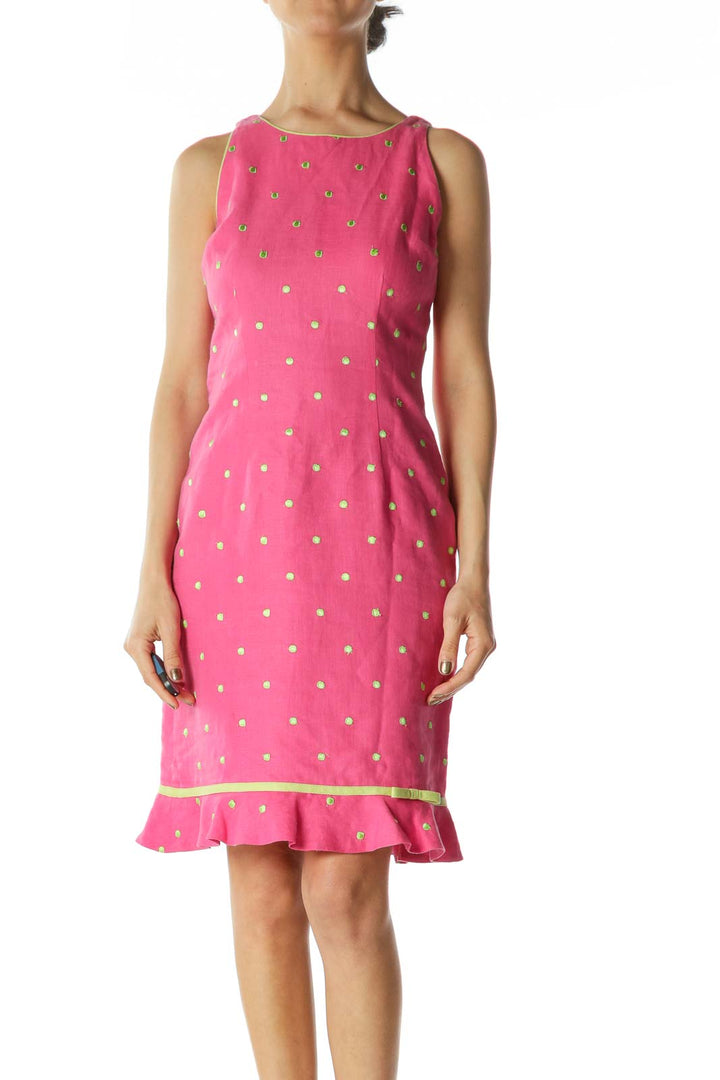 Pink/Green 100% Linen Embroidered-Polka Dots Dress