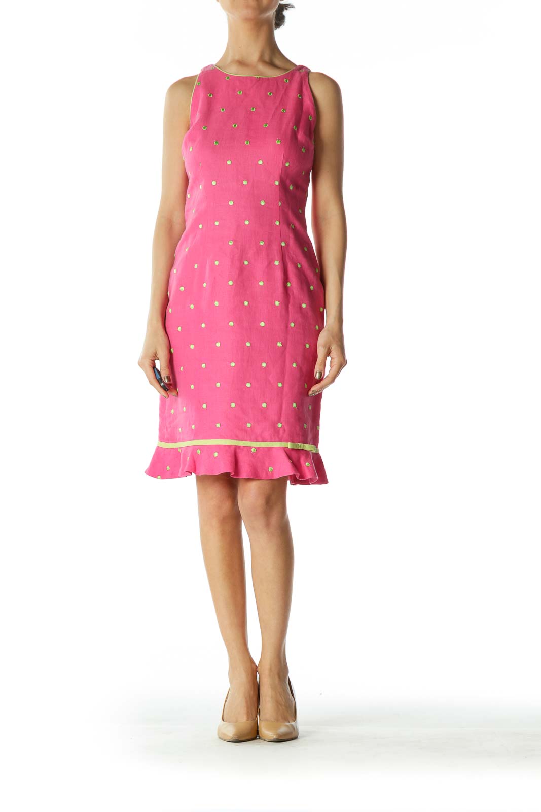 Pink/Green 100% Linen Embroidered-Polka Dots Dress