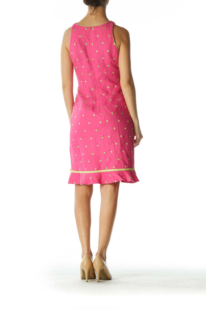 Pink/Green 100% Linen Embroidered-Polka Dots Dress