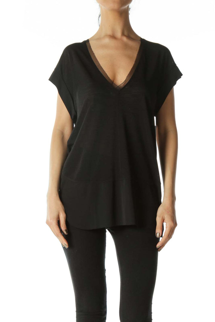 Black Lace-Hem Translucent V-Neck Tee