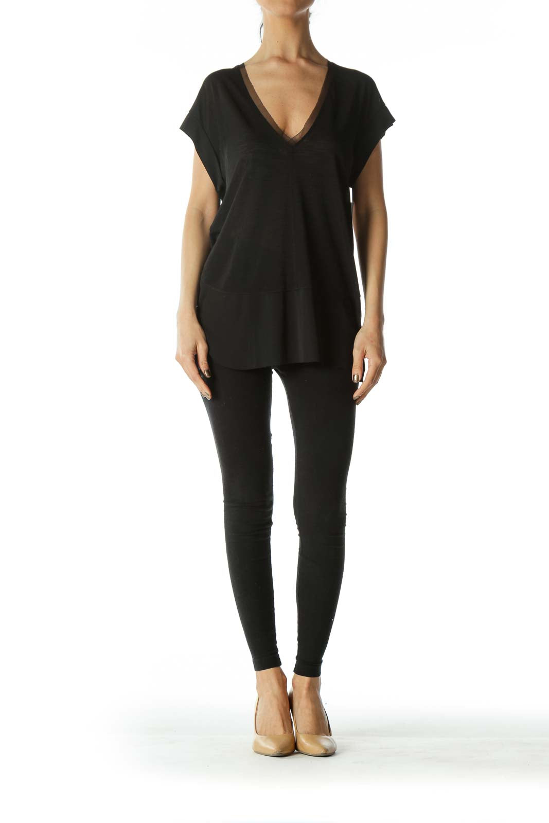 Black Lace-Hem Translucent V-Neck Tee