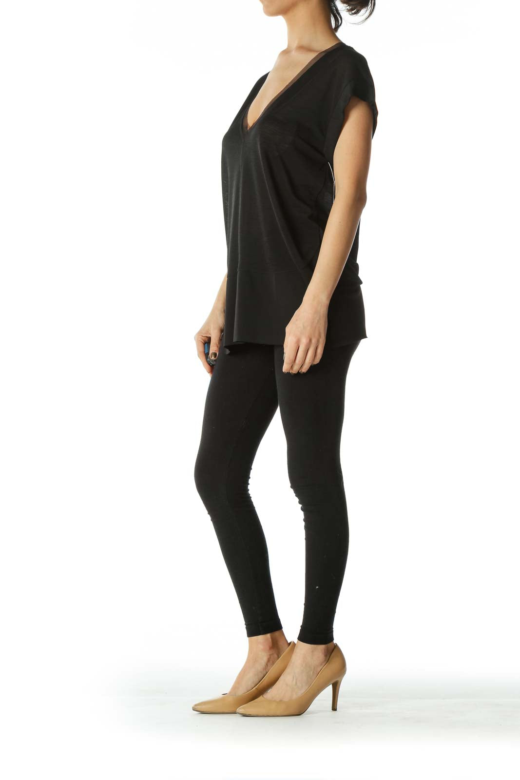 Black Lace-Hem Translucent V-Neck Tee