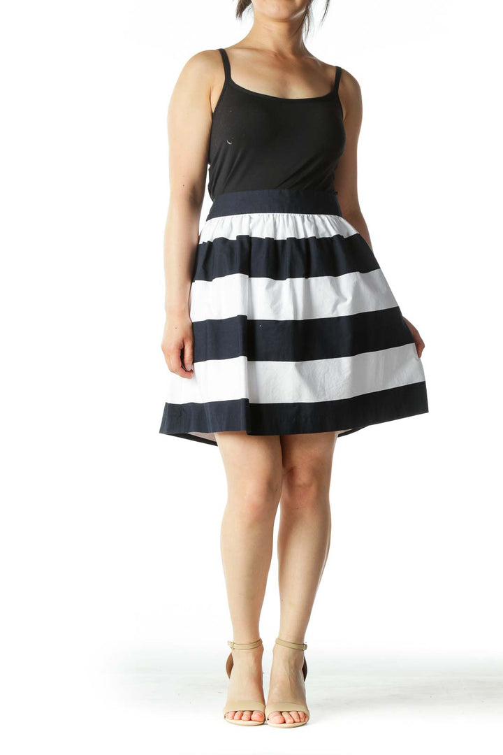 Navy Blue and White Striped A-Line Mini Skirt