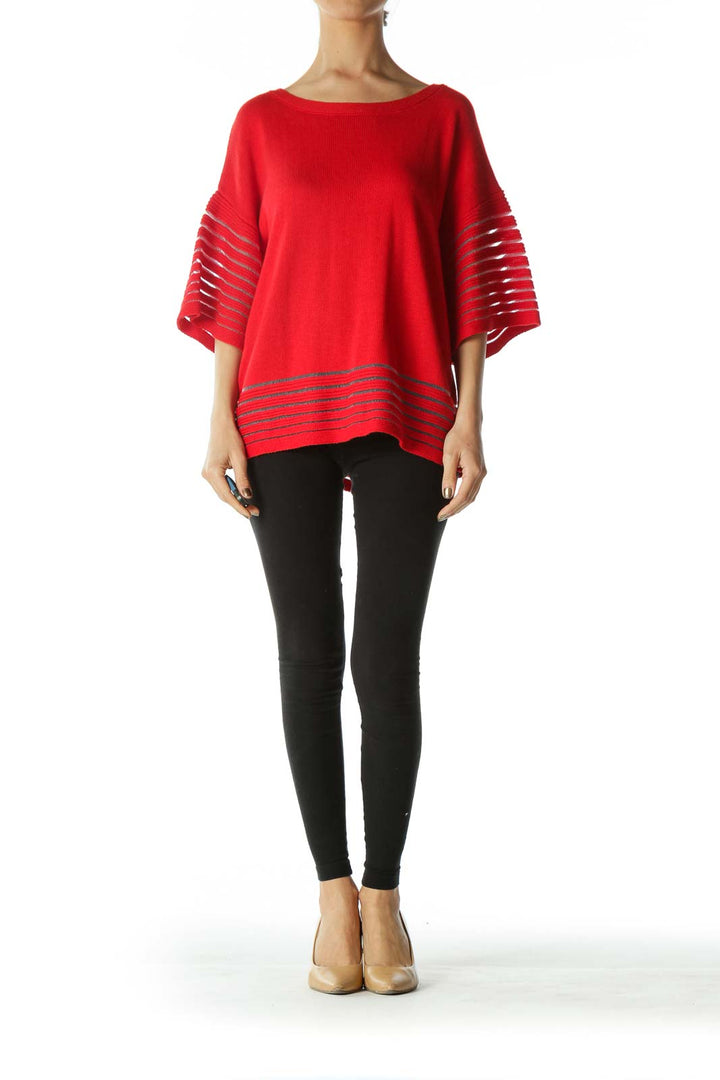 Bright Red Over-Sized Short-Sleeve Knit With Lace Contrast on Hem