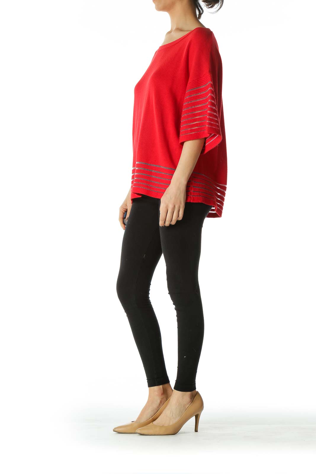 Bright Red Over-Sized Short-Sleeve Knit With Lace Contrast on Hem