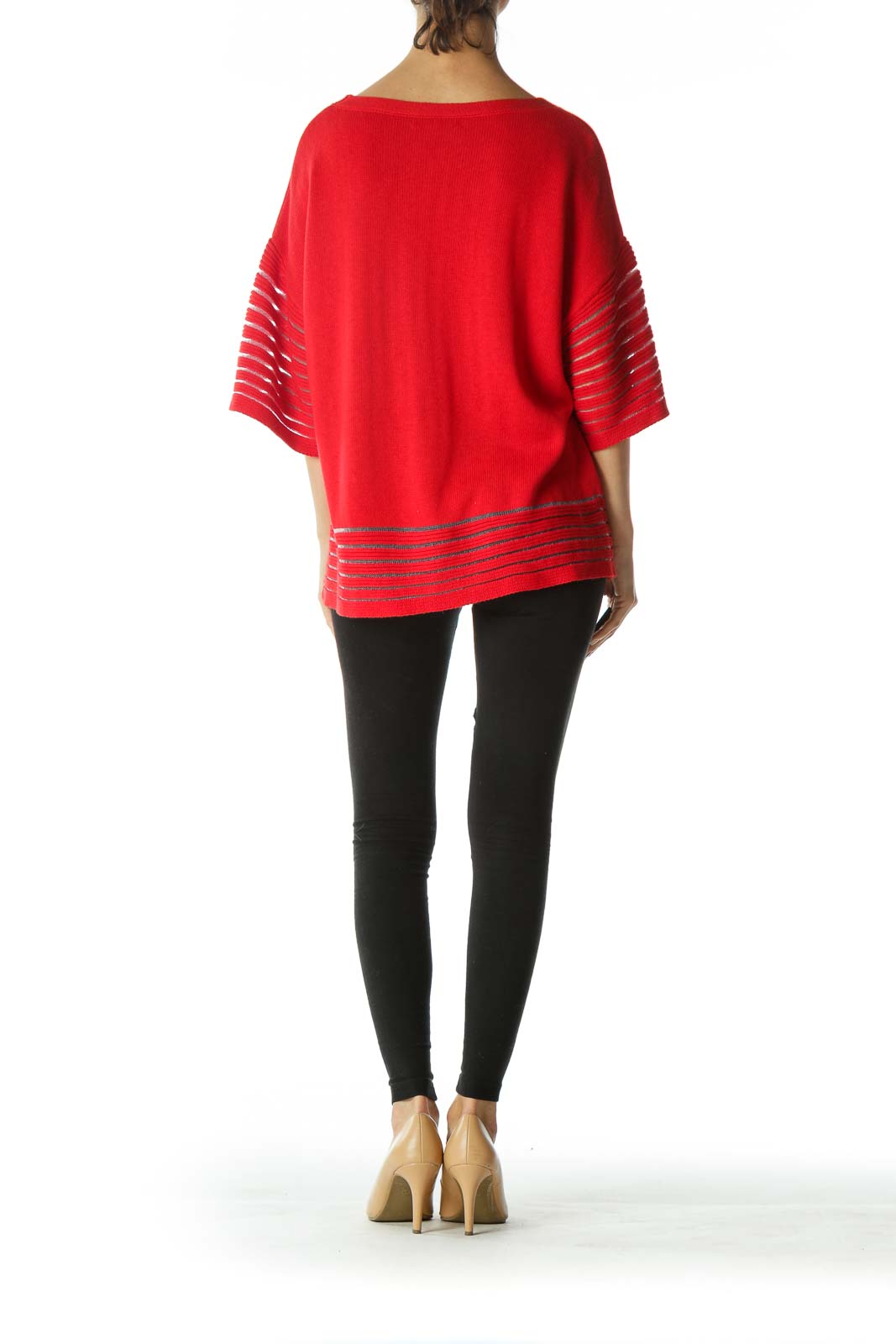 Bright Red Over-Sized Short-Sleeve Knit With Lace Contrast on Hem