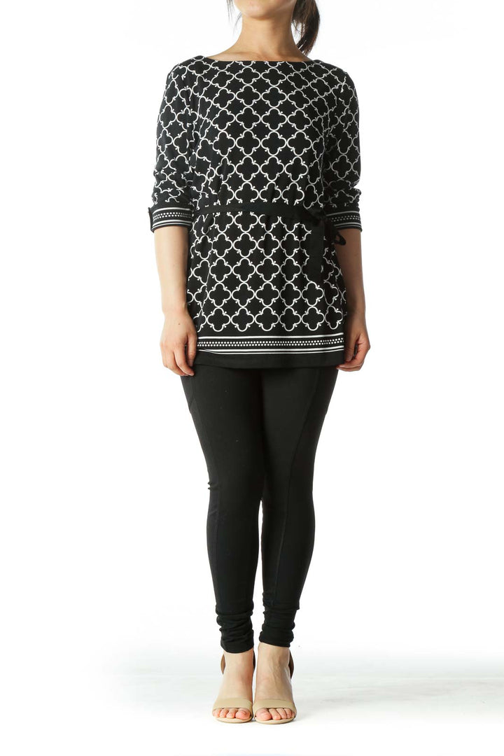 Black and White Moroccan Tile Print Tie-Waist Tunic