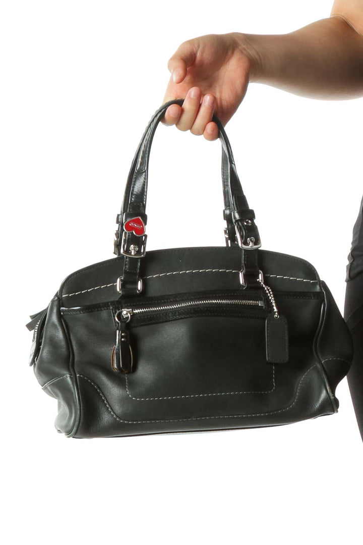 Black Leather Mini Handbag with Heart Pin Detail