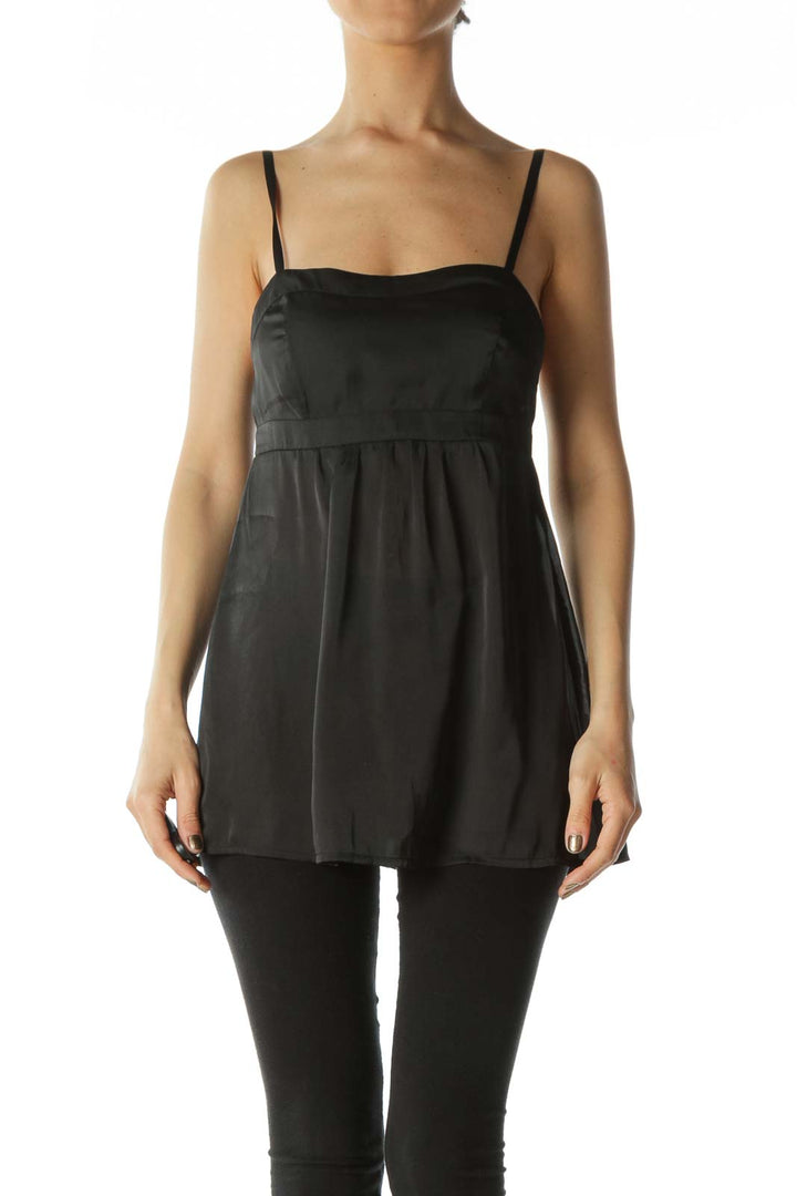 Black Faux-Satin Empire-Waist Flared Slip Tank