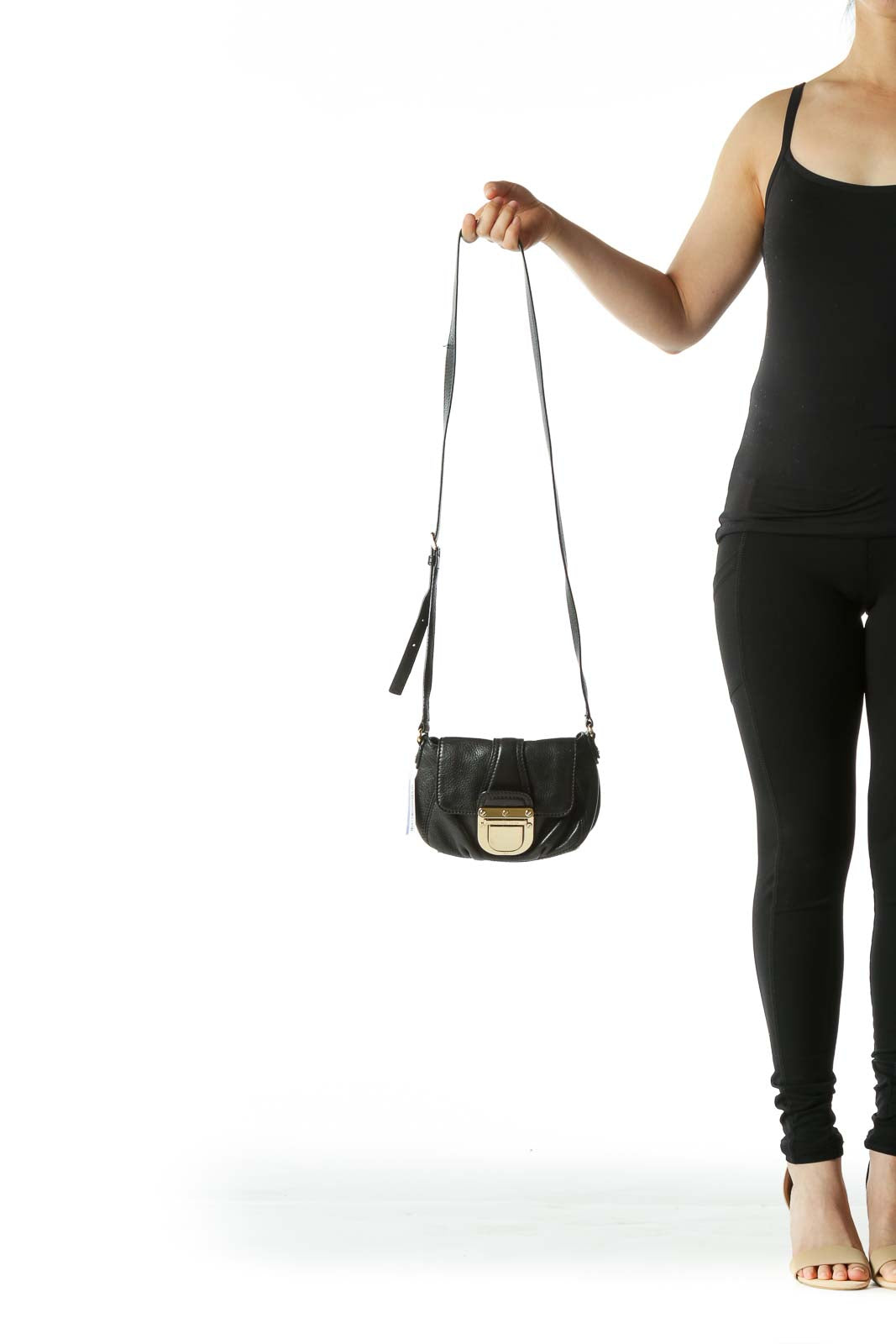 Black Small Leather Cross-Body Bag with Gold Push Button Clasp Closure