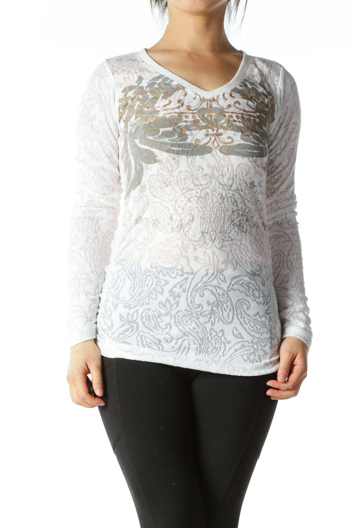 White Brown and Gray Graphic Waffle-Knit Scrunched Long-Sleeve V-Neck