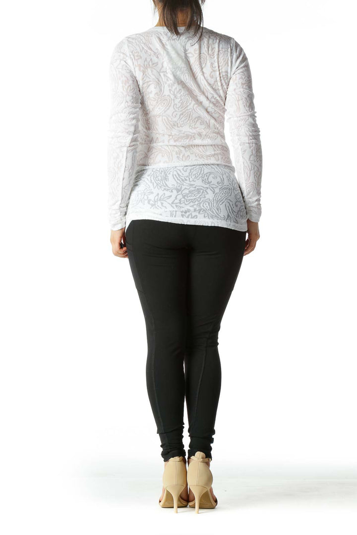 White Brown and Gray Graphic Waffle-Knit Scrunched Long-Sleeve V-Neck