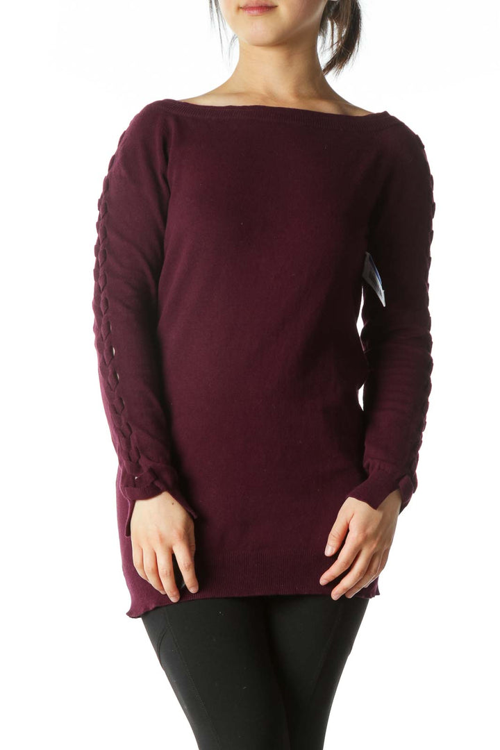 Deep Burgundy Crocheted-Sleeve Boat-Neck Sweater