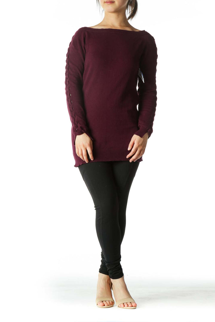 Deep Burgundy Crocheted-Sleeve Boat-Neck Sweater