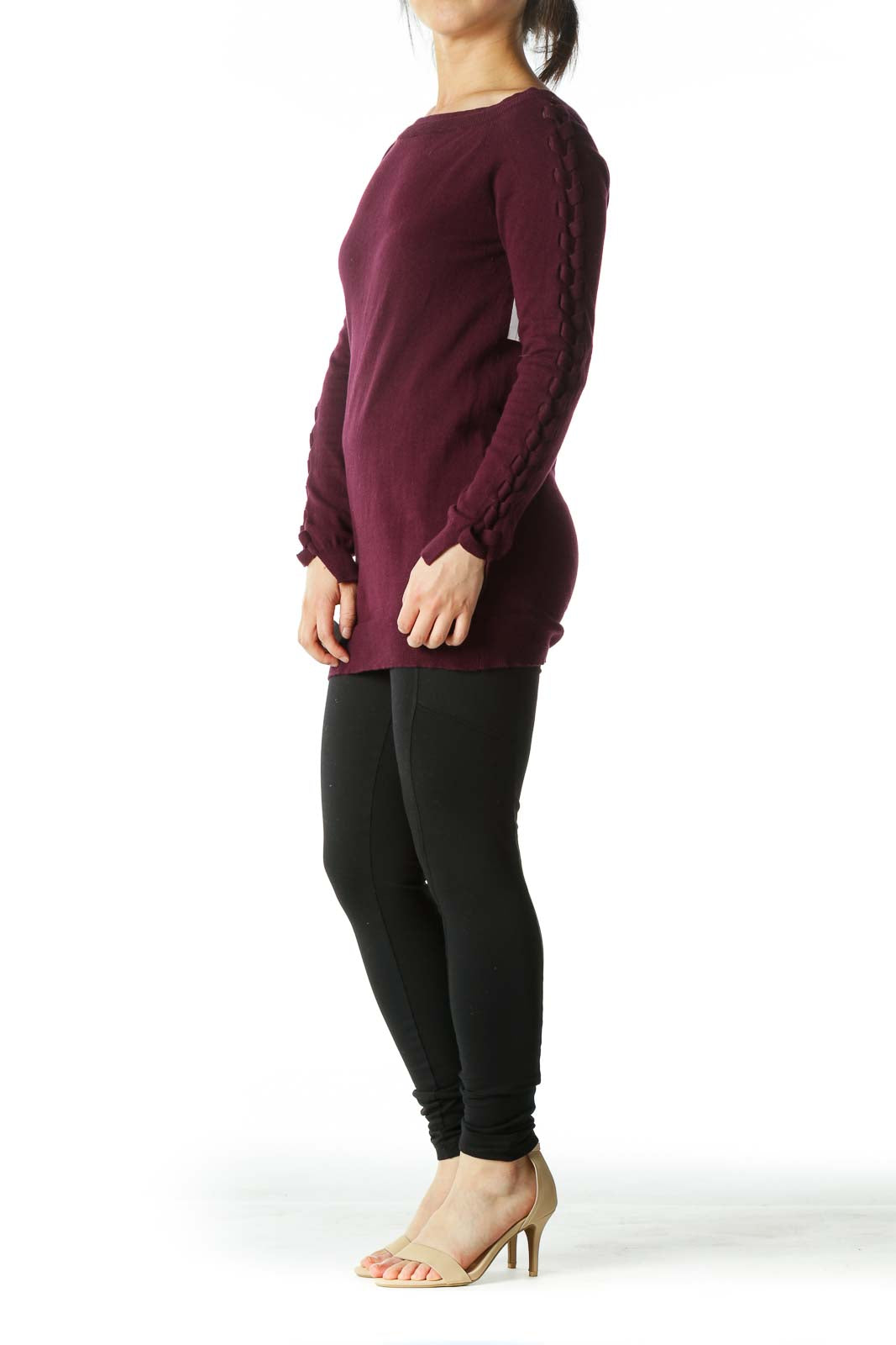 Deep Burgundy Crocheted-Sleeve Boat-Neck Sweater