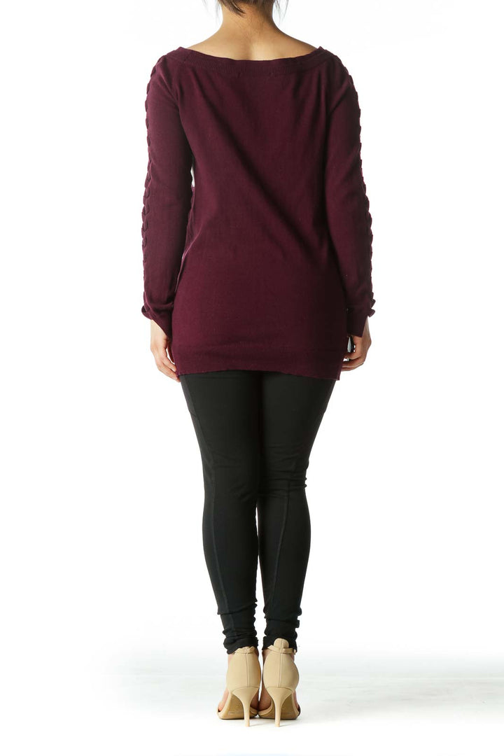 Deep Burgundy Crocheted-Sleeve Boat-Neck Sweater