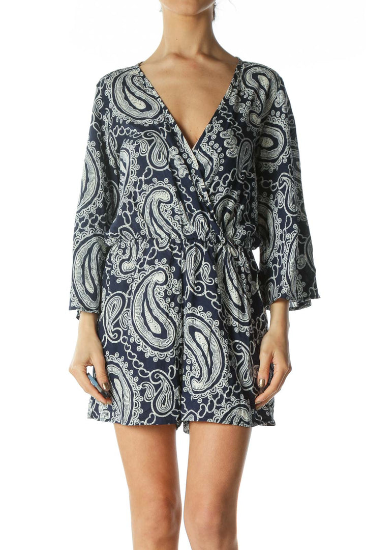 Navy Blue and White Patterned Romper with Bell Sleeves