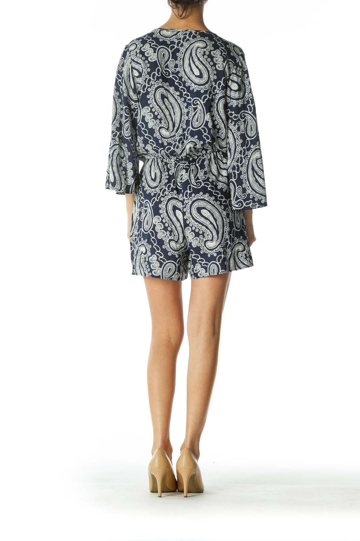 Navy Blue and White Patterned Romper with Bell Sleeves