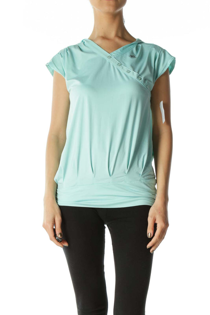 Teal Asymmetric-Buttoned Hooded Workout Tee