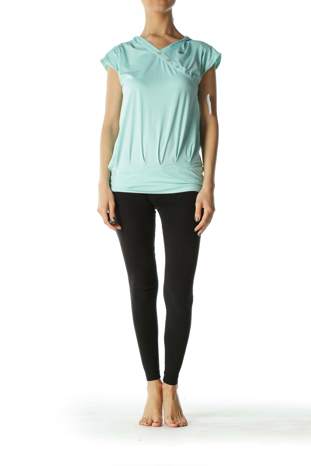 Teal Asymmetric-Buttoned Hooded Workout Tee