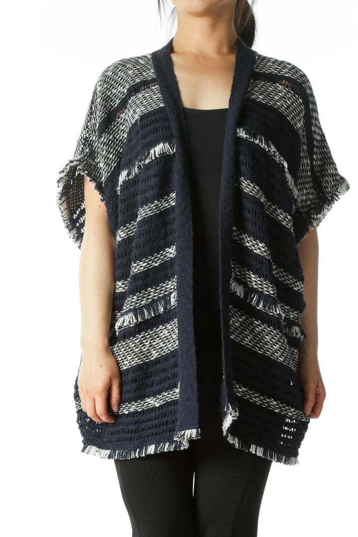 Navy and White Knit Fringe Kimono