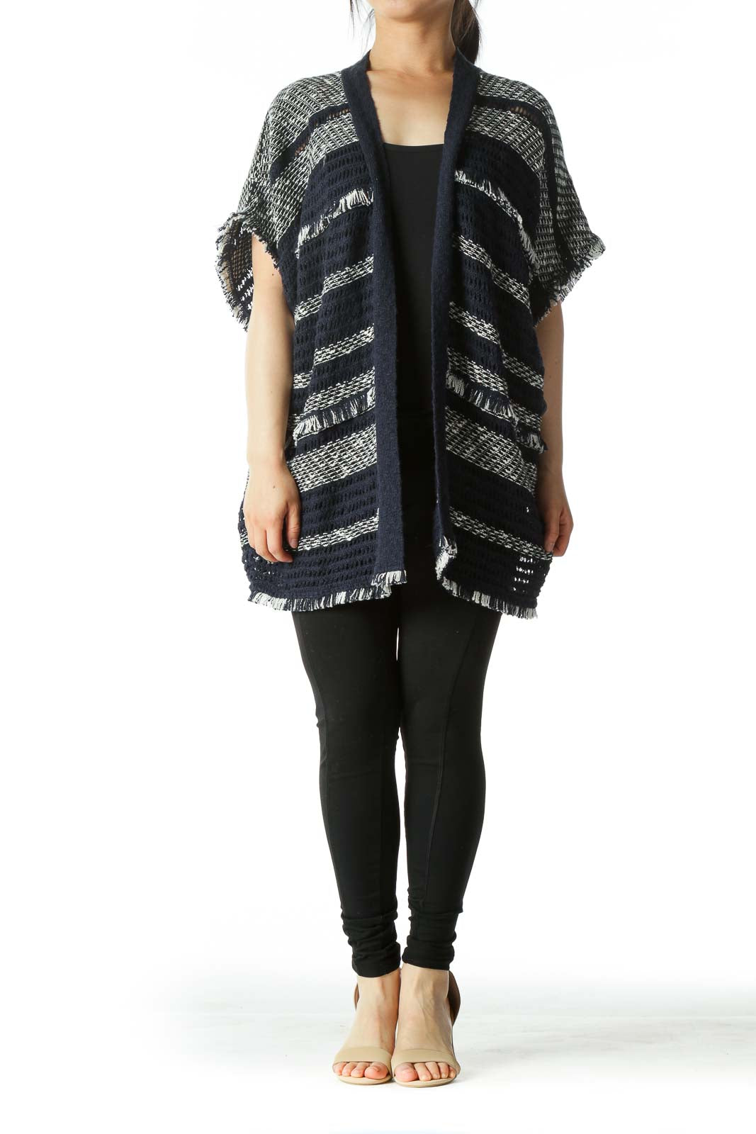 Navy and White Knit Fringe Kimono