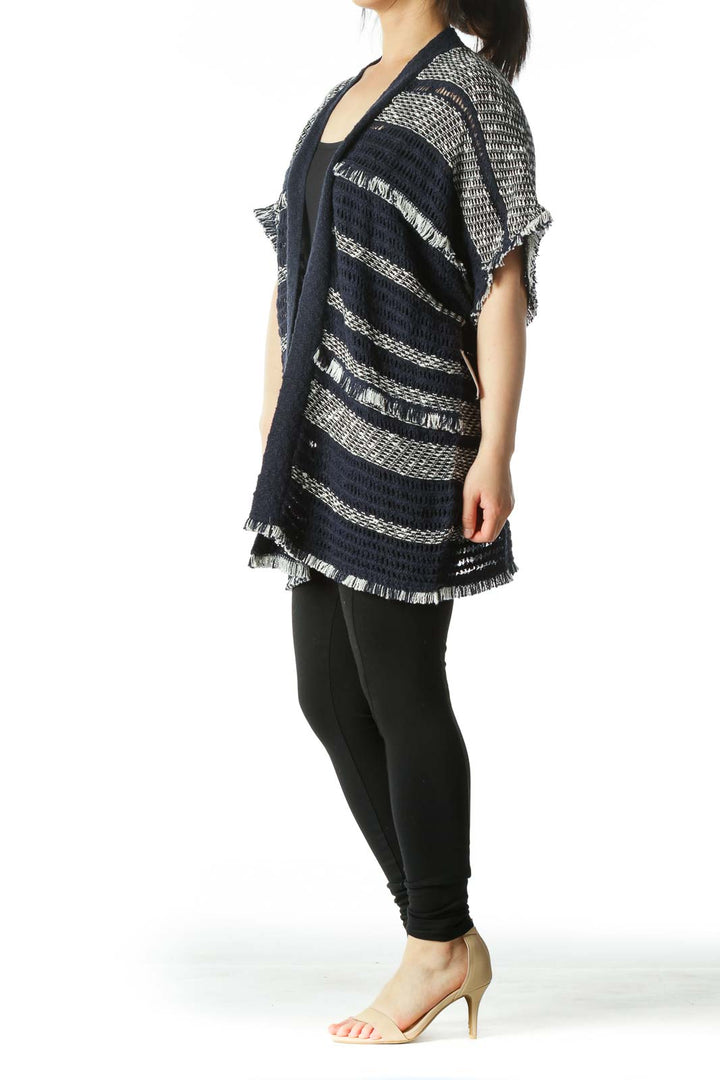 Navy and White Knit Fringe Kimono