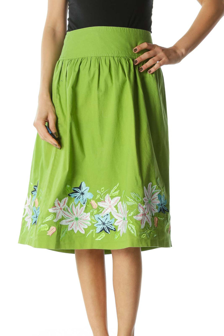 Green A-Line Skirt with Floral Print