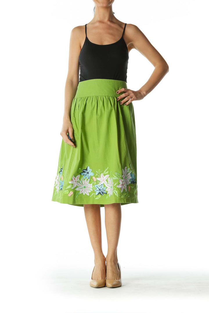 Green A-Line Skirt with Floral Print