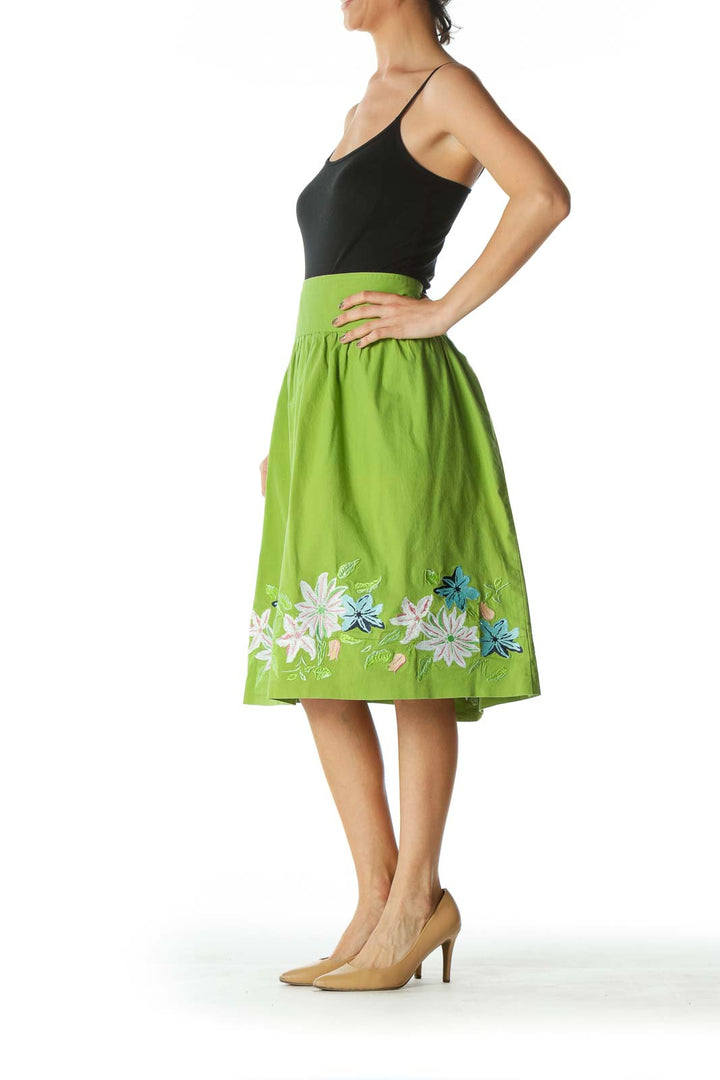 Green A-Line Skirt with Floral Print