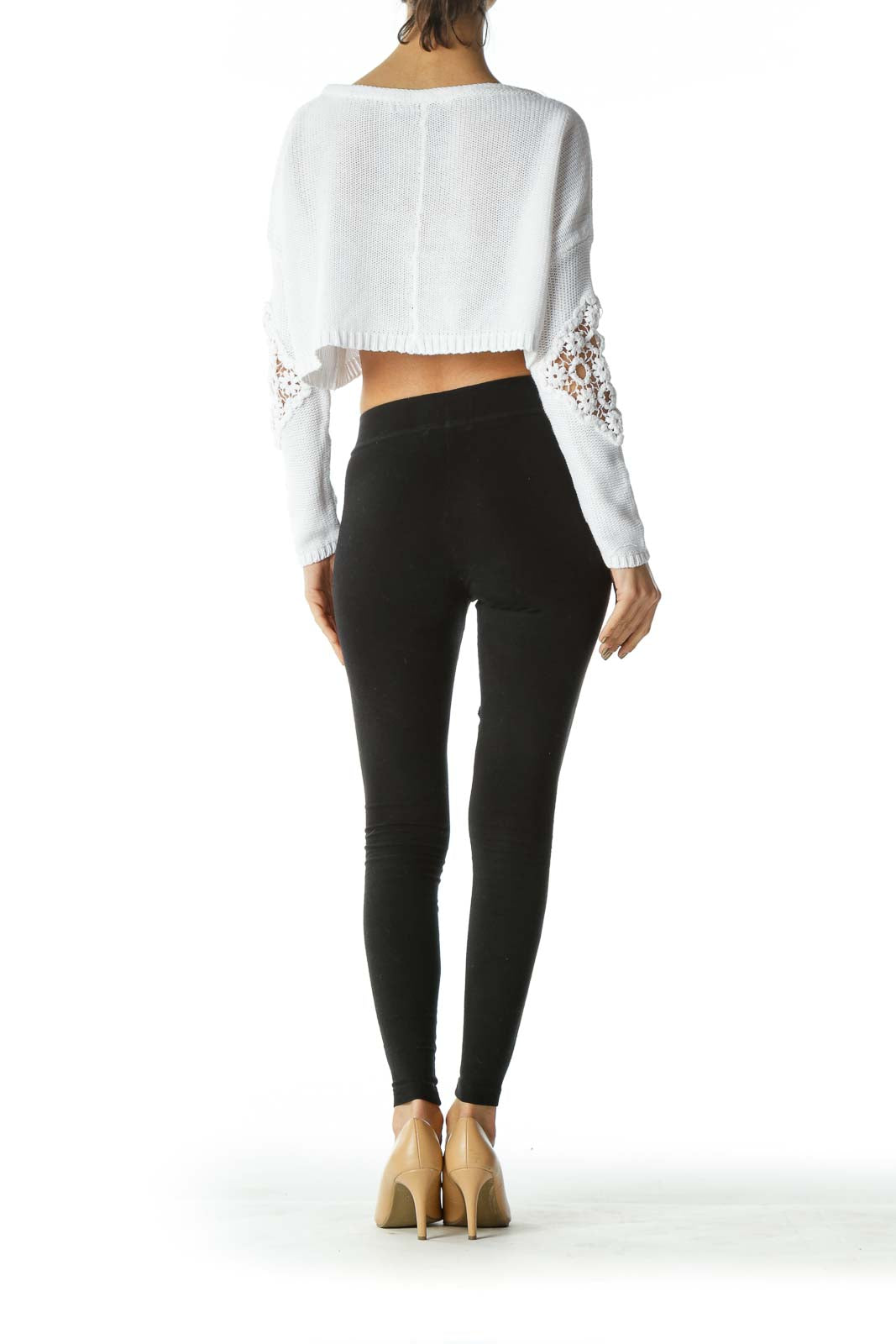 White Crocheted Long-Sleeve Crop-Top With Floral Lace