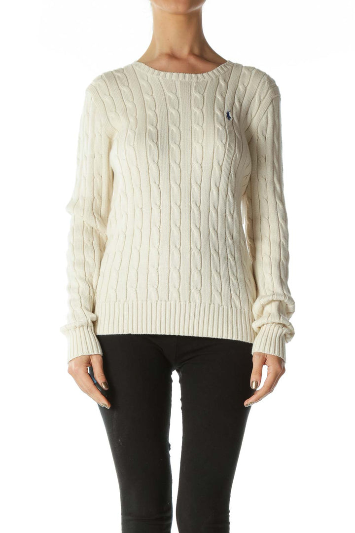 Cream Polo Logo Cable-Knit Sweater