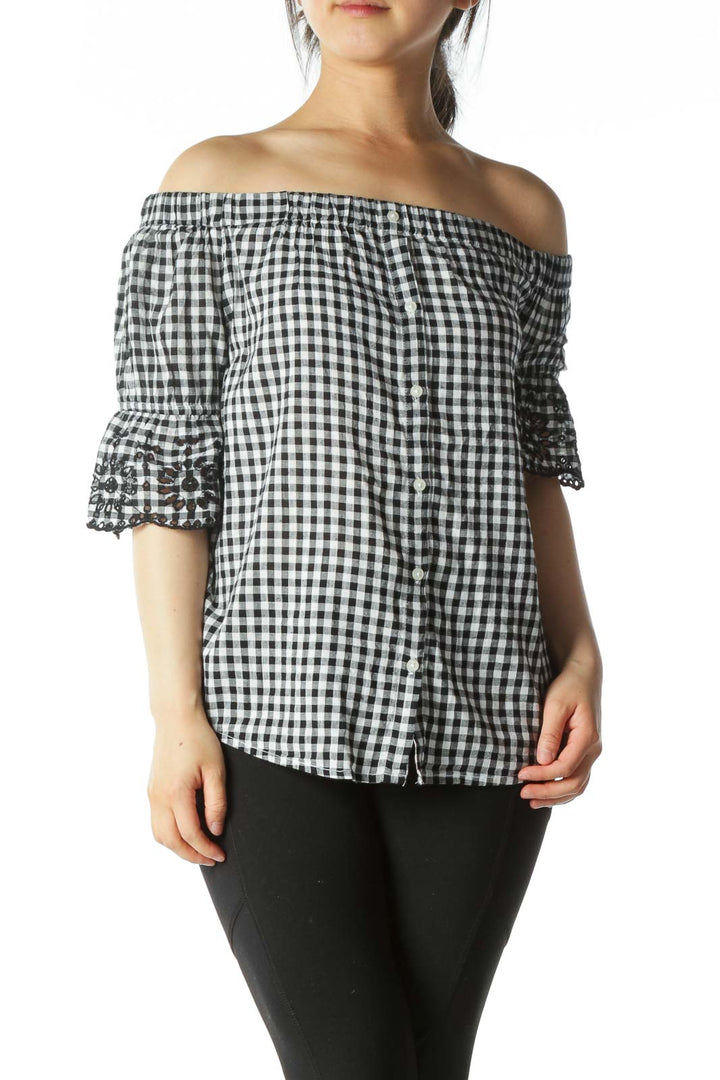 White and Black Off-The-Shoulder Plaid Button-Down Lace-Sleeve Blouse